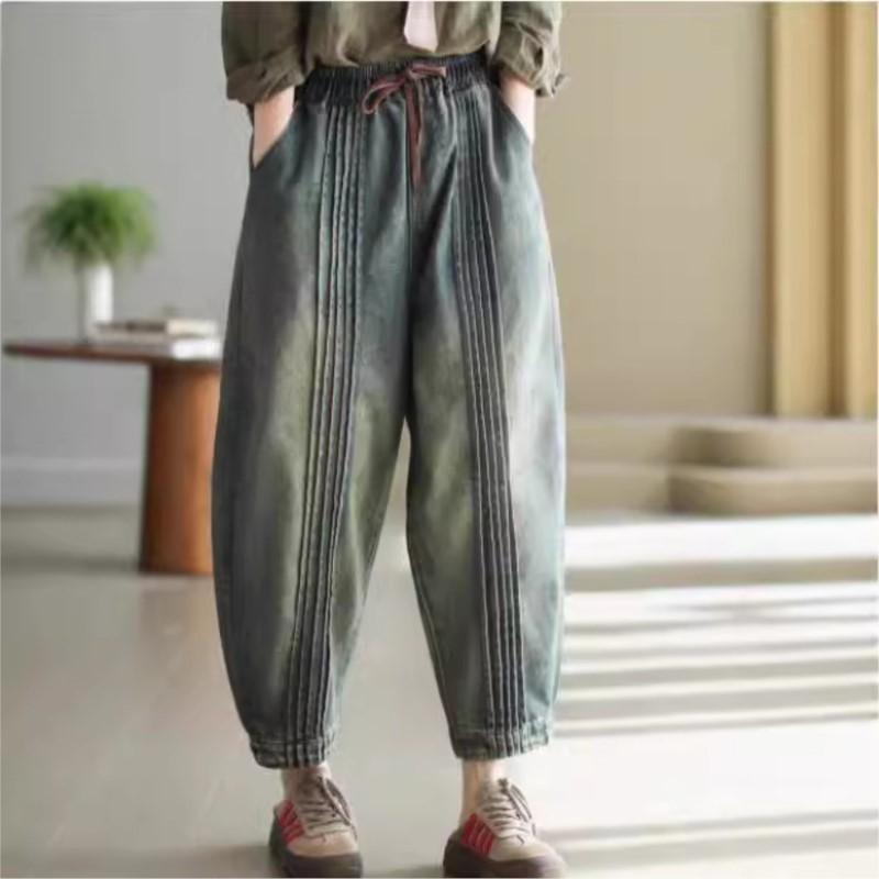 

Johnature Женские осенние винтажные стирающиеся ретро-ковбойские брюки Харлан Модные свободные повседневные брюки в китайском стиле M синий