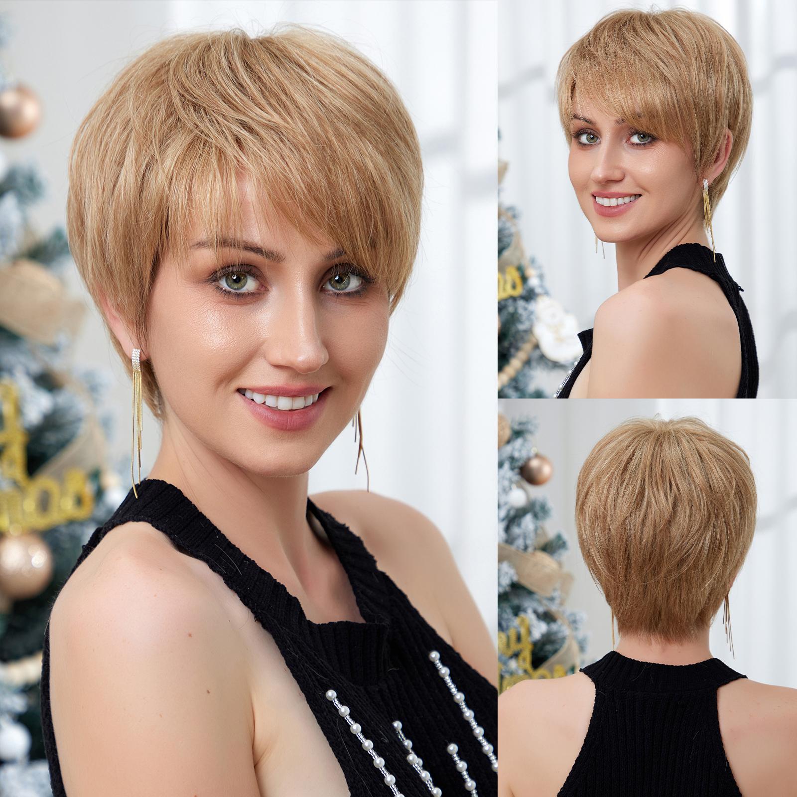 

HAIRCUBE парики из натуральных волос для женщин короткие коричневые прямые парики для женщин многослойная стрижка пикси с челкой для повседневного использования на вечеринках