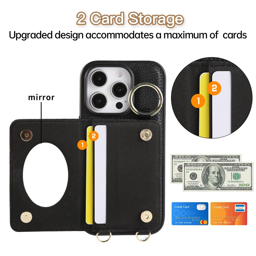 Luxury Leather Mirror Card Bag Slot Case for IPhone 17 16 15 14 13 12 Pro Max Plus Cases Stand Sleeve Cover with Shoulder Strap
