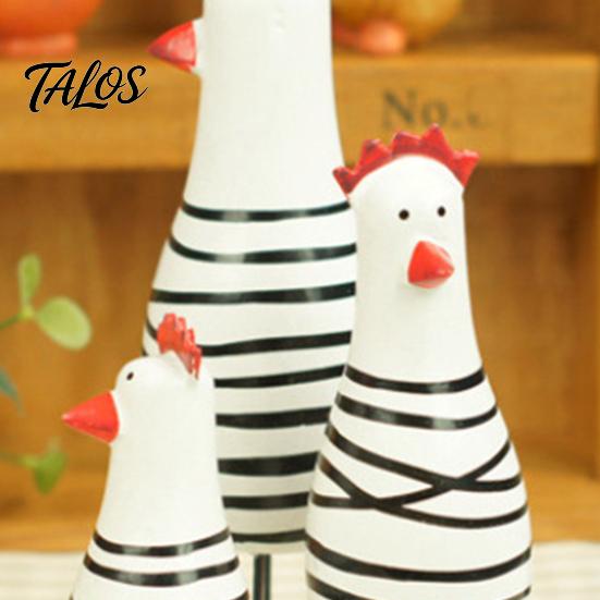 Farmhouse Style Decorations 3Pcs Hand-Painted Wooden Chicken Figurine Set, Cute Animal Desktop Decor with Striped Black Solid Wood Figurines