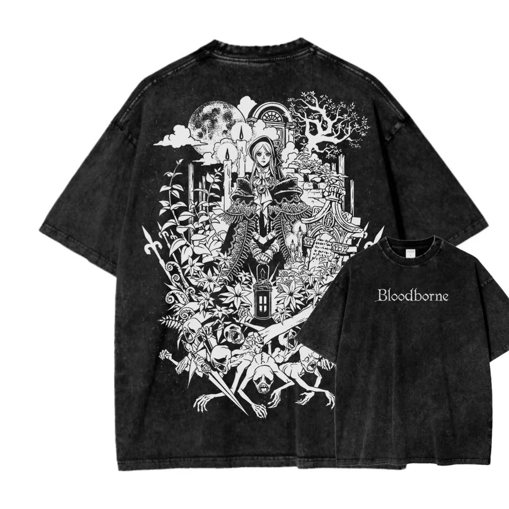 Bloodborne for Anime & Game Fans All-Season Washed T-Shirt, Stylish Personalized Clothing, Plus Size Streetwear Casual Short Sleeve Tee Tops
