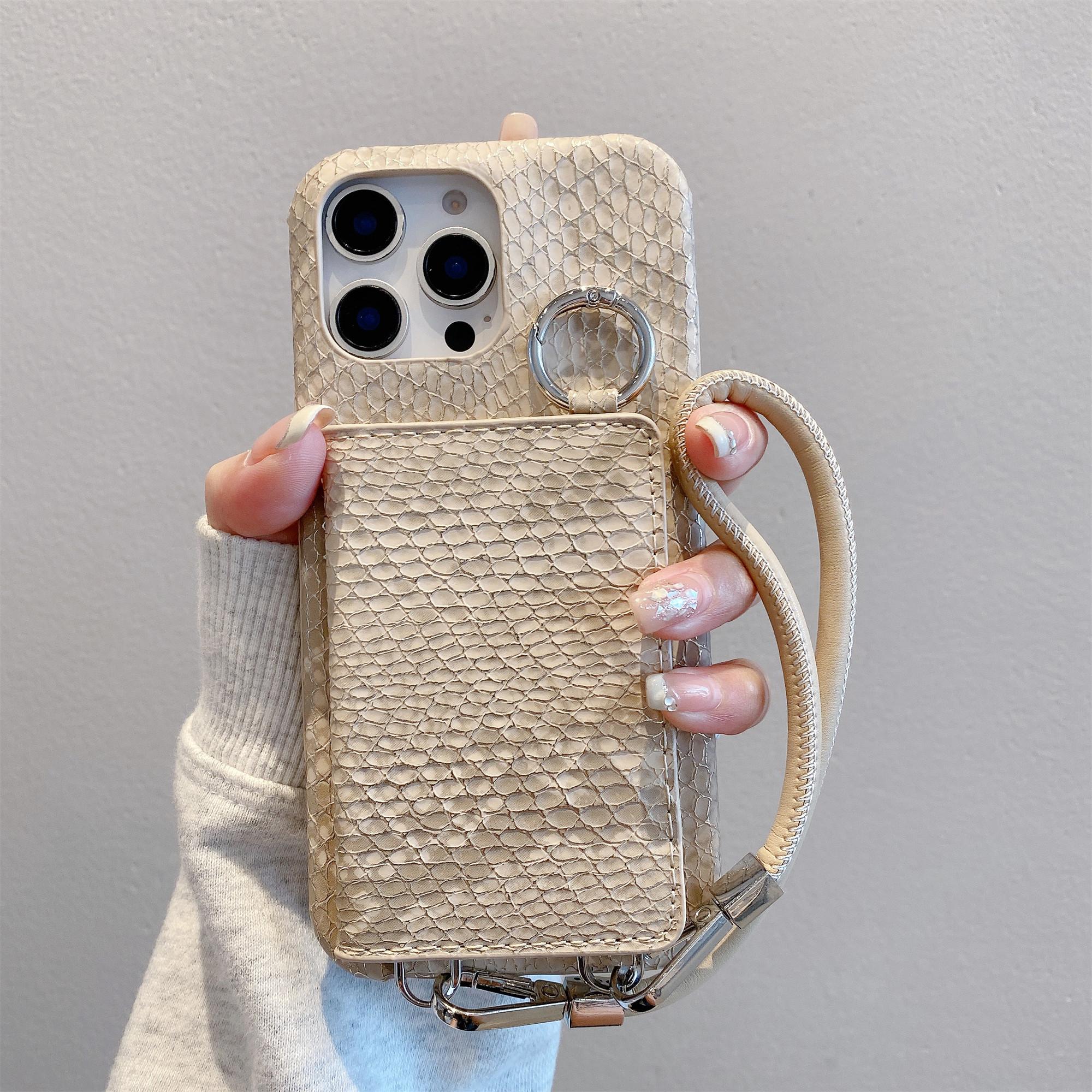 

For iPhone 15 Pro Case Card Holder Mirror Snake Texture PU+PC Back Cover with Lanyard Khaki
