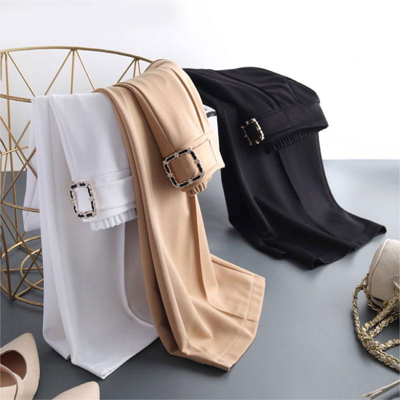 Παντελόνι με ψηλή μέση από μετάξι Ice και φαρδιά μπατζάκια για την άνοιξη και το καλοκαίρι, κομψό παντελόνι με ελαστική μέση και φαρδιά μπατζάκια για γυναίκες