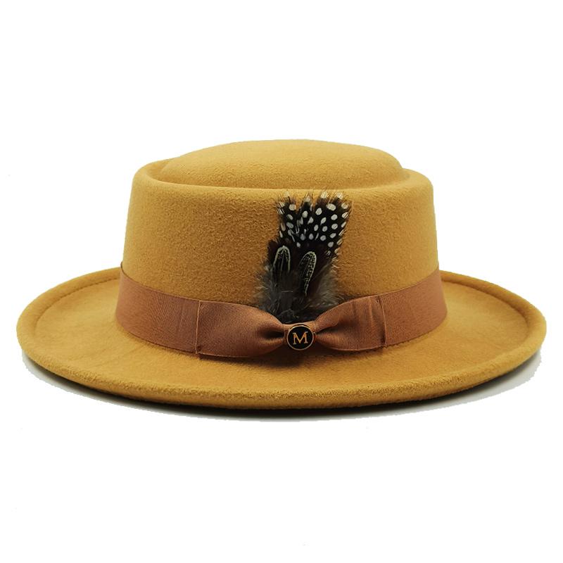 

Vintage Pork Pie Hat Men feather fedora hat Webbing Decorative flip-brim Felt hats Panama Gentlemen women Church Jazz Hat 55-58