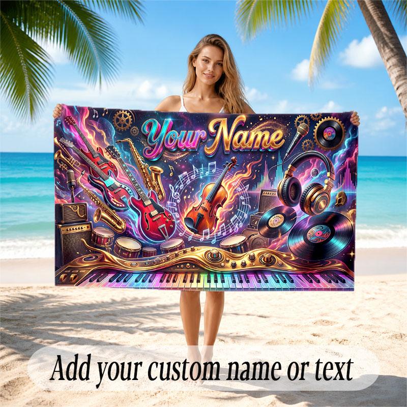 Music General Theme Beach Towel Personalized Custom Name & Text Soft Quick Dry Beach Towel for Swimming Travel