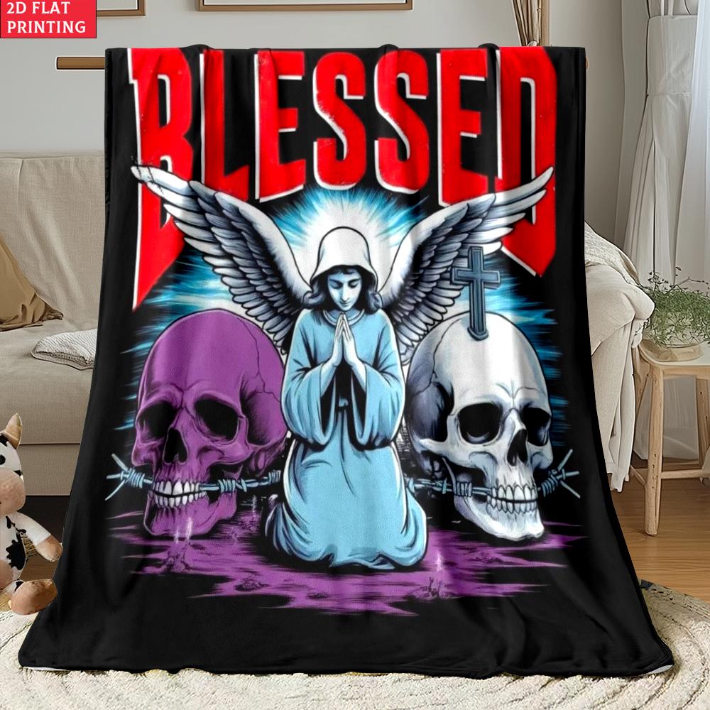 

Blessed Gothic Angel Skull Flannel Blanket,Religious Print Soft Throw Blanket, Cozy Warm Blanket for Sofa Bed Home Decor Gift 130x150cm