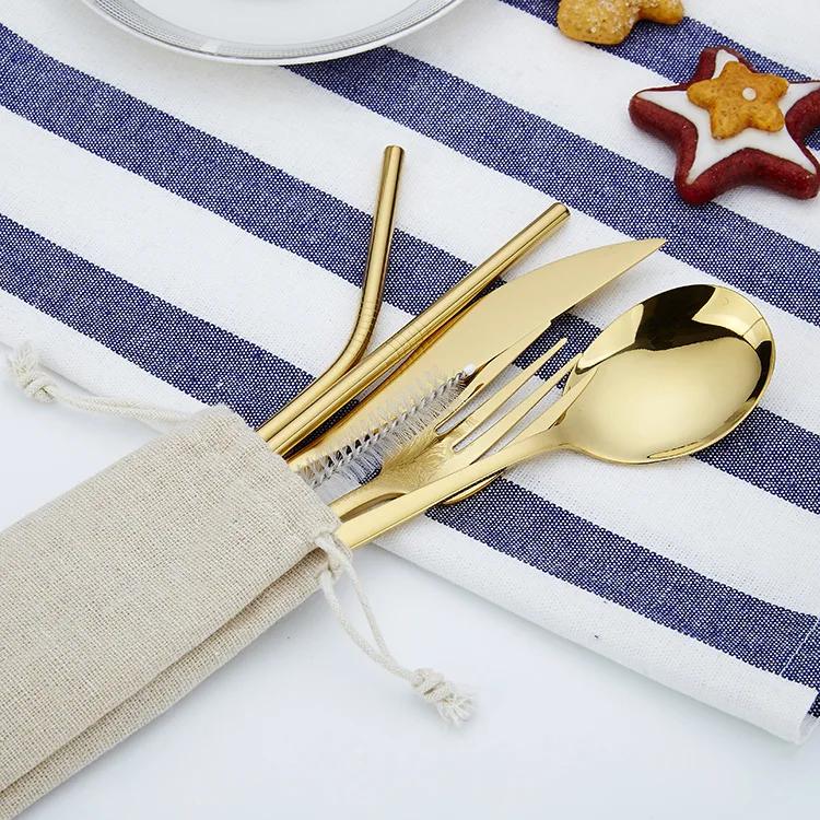 6 Ps/set Portable Outdoor Travel Dinneware Set 304 Stainless Steel Knife and Fork Spoon Straws Tableware Set