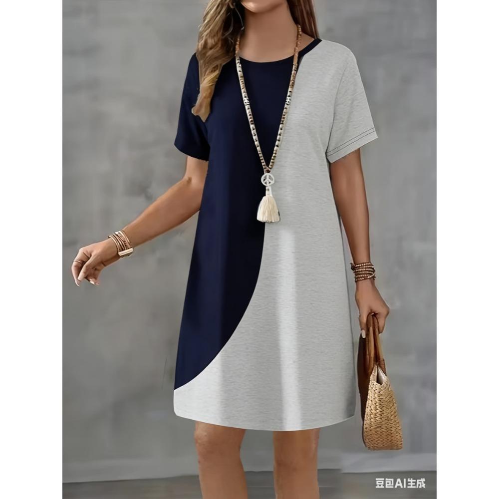 Short-sleeved round-neck striped pattern 3D printed women's fashionable mini dress