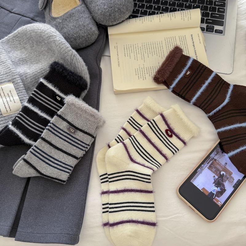 Mink Fur Striped Socks for Women in Autumn and Winter, Button Cotton Mid-calf Socks, Retro Flocking Pile Socks for Warmth