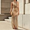 Summer Women's Elegant Neck Sling Satin Dress Asymmetrical Light Gauze Temperament Party Dress