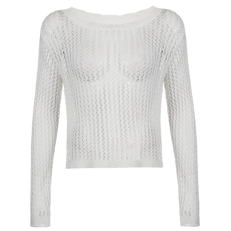 Women's 2026 New American Style Loose Knit Cardigan - Hollow Big Round Neck, Solid Color, See-through Mesh, Long Sleeve.