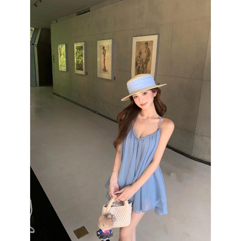Sexy Backless Purple Collar Sling Vest Women s Summer Vacation Outside Temperament Irregular Chiffon Top S синий
