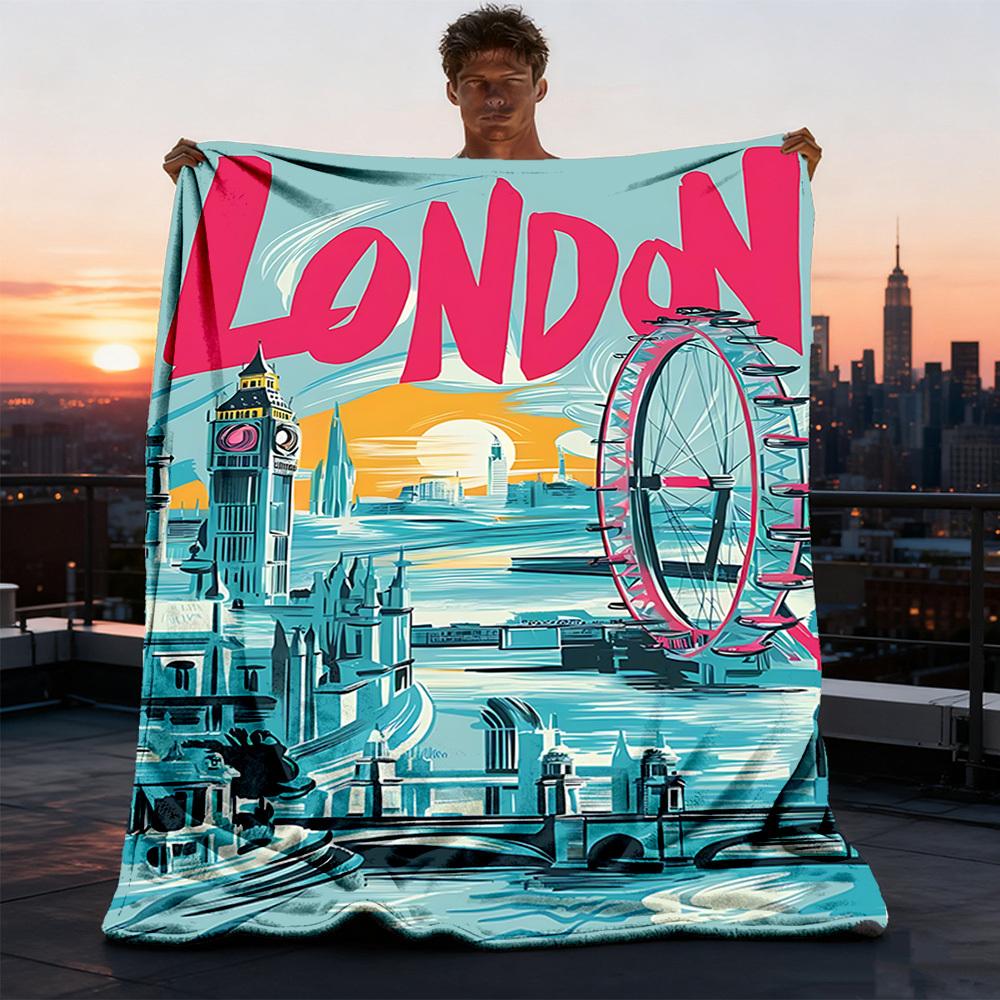 1pc London Landmarks Throw Blanket Polyester Fiber, Lightweight Flannel, Soft & Warm, All Season Use for Outdoor, Camping