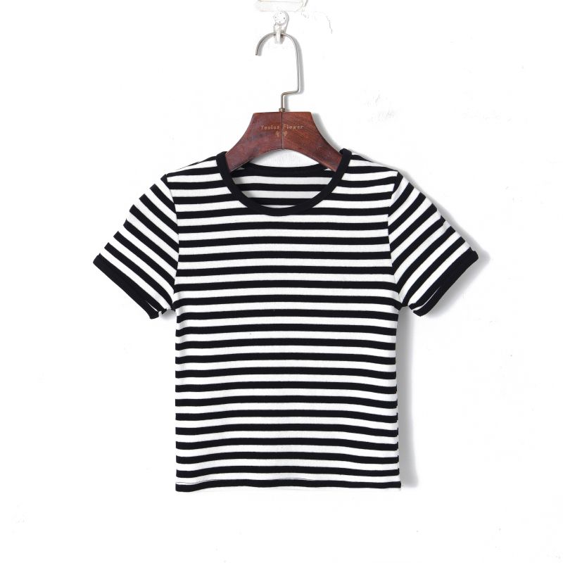 

Женский пуловер с короткими рукавами в корейском стиле, облегающий, полосатый, смешанной расцветки Black and white stripes M