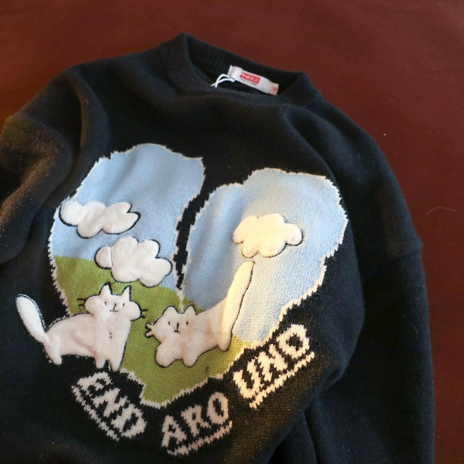 

Cartoon Pattern Women s Sweater Round Neck Cute Pullover Knitted Sweaters Couple Style Loose Autumn Outerwear Top Onesize чёрный