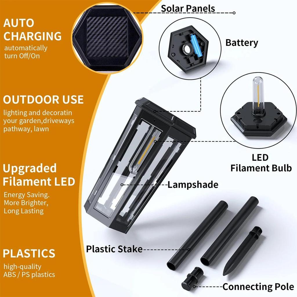 Solar Walkway Led Filament Warm Lamp Powered Lights Outdoor Garden Automatic Lighting Driveway Waterproof Stake Pathway Wireless