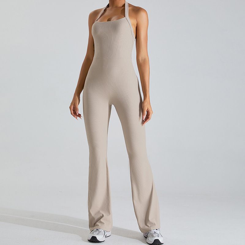 

European and American Thread Quick-Drying Yoga Clothes Set Women Leisure Dance Belly Holding Sports Workout Clothes Skinny Jumpsuit Shallow khakis S