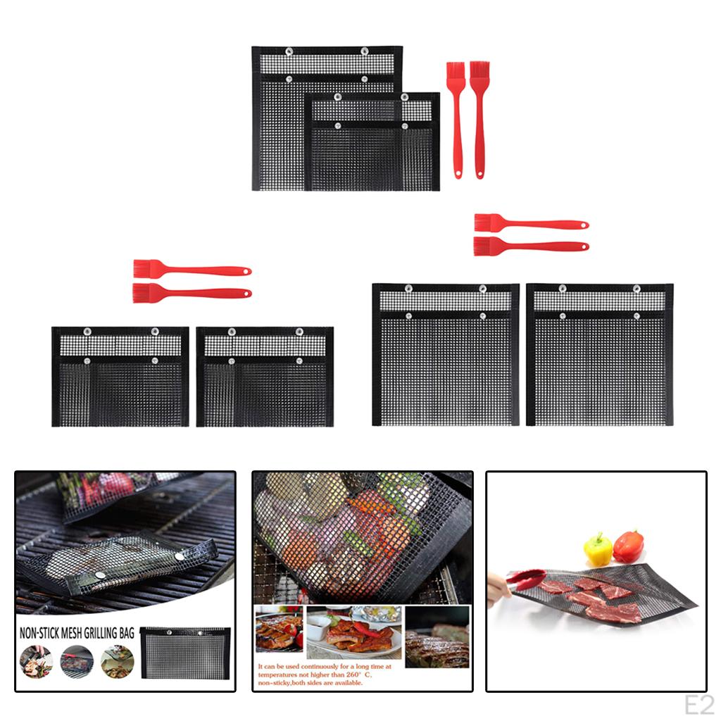2pcs PTFE Coated BBQ Mesh Grill Bag with Silicone Brush Barbecue Outdoor Picnic Tools