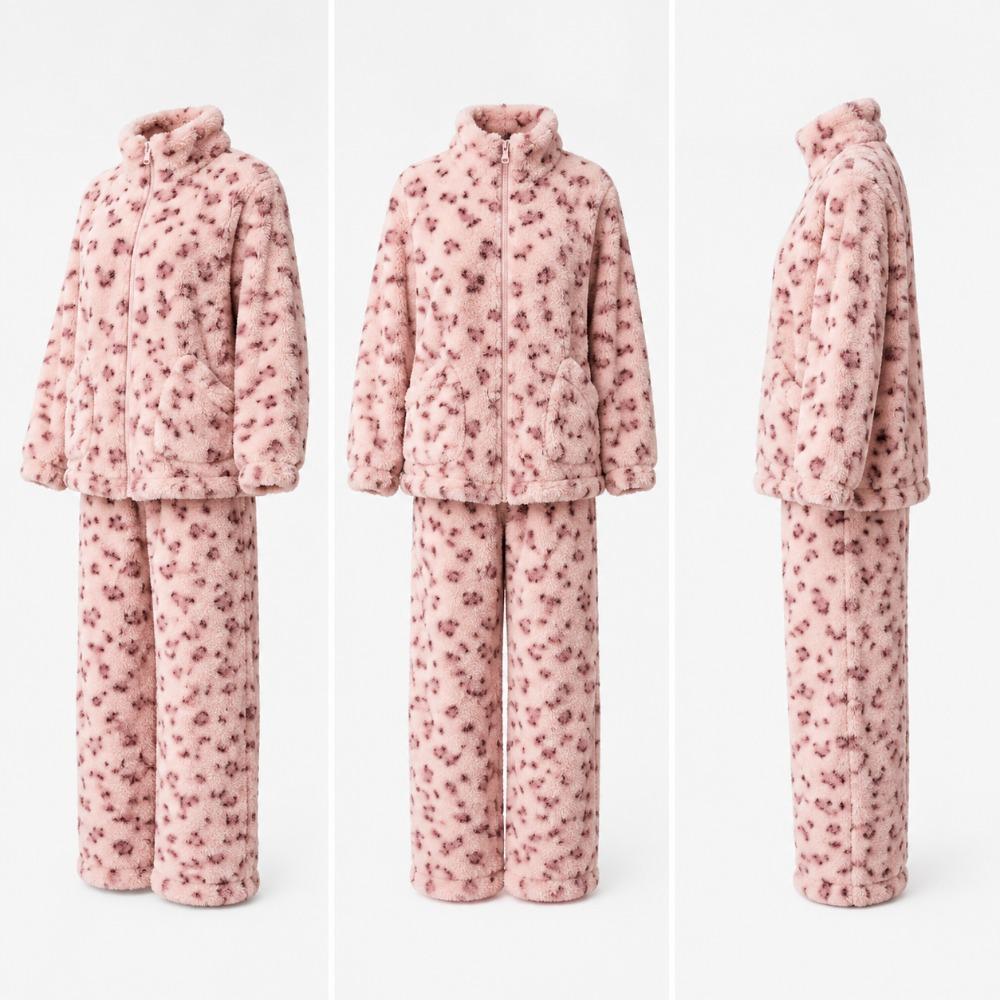 **Kadın Flanel Pijama Takımı Yuvarlak Yaka Jakarlı Uzun Peluş Kalın Sıcak Ev Giyimi**