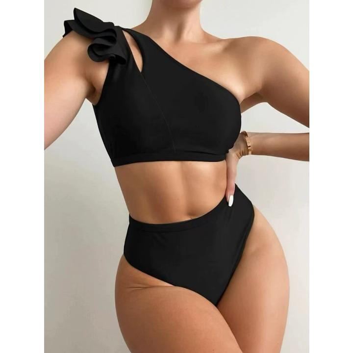 2025 Solid Color Sexy Two-piece High-waisted Single-shoulder Fringed Women's Bikini, Multi-color Available Swimwear