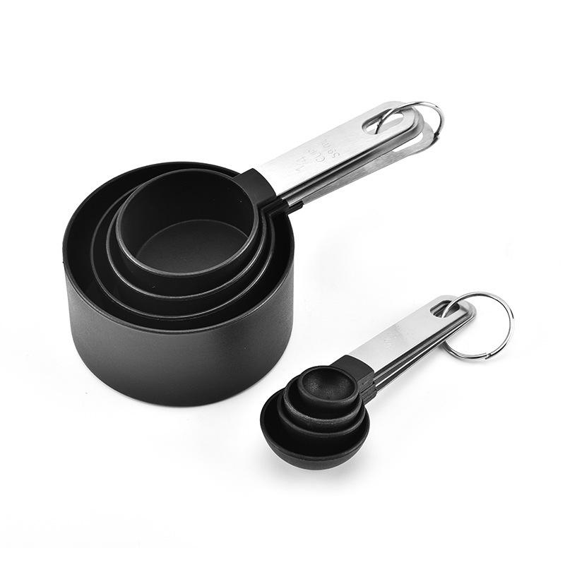 8-Piece Stainless Steel Measuring Cups and Spoons Set with Plastic Scoops for Baking.
