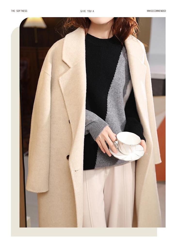 Women's 100% Pure Wool Color Block Round Neck Sweater - Loose, Stylish, Versatile Pullover, Slimming Cashmere Knit Base Layer