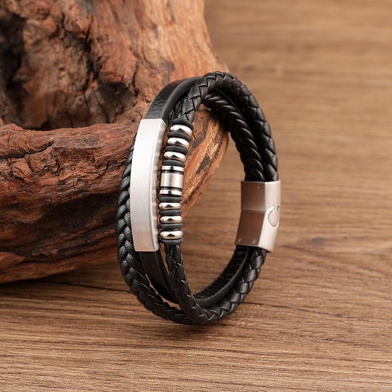 Mens Stainless Steel Braided Multi-Layer Bracelet With Magnetic Clasp Geometric Design Fashion Minimalist Jewelry