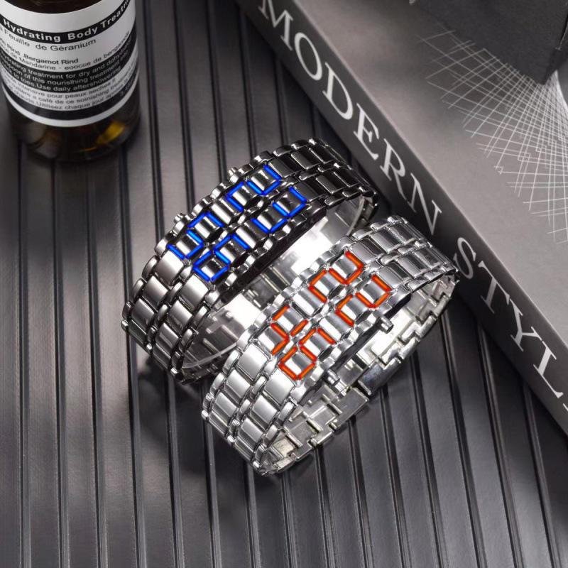 Orologio da polso alla moda coreano con cinturino in acciaio lava LED - Orologio da polso casual da uomo per studenti