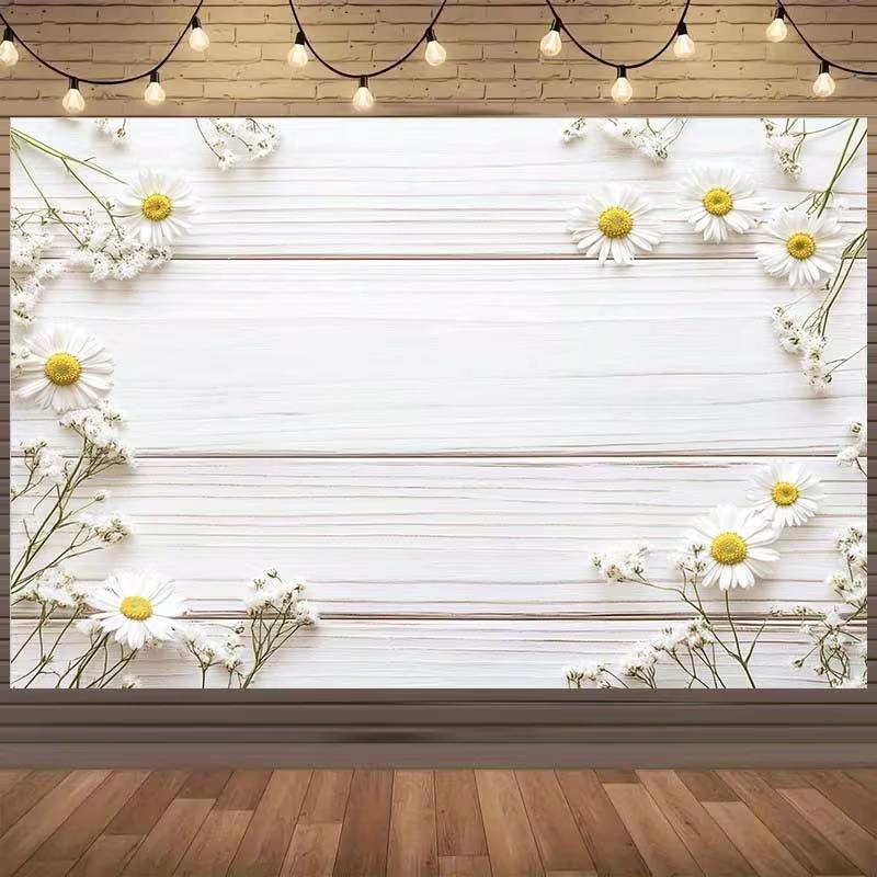 2D Daisy Wood Board Backdrop - White Floral Photography Background Banner