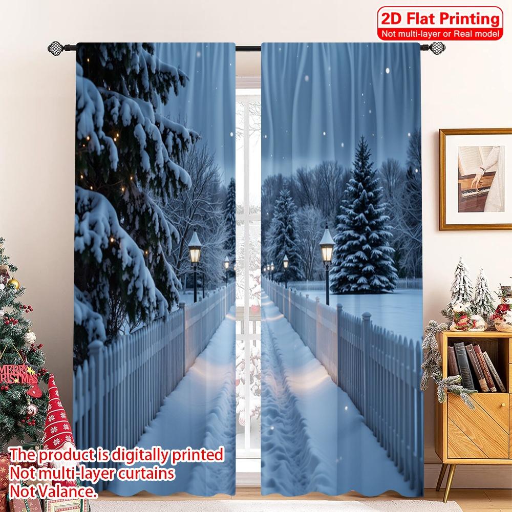 2pcs 2D Flat Printing Merry Christmas Popular Window Drapes Winter Snow Lane Lamppost Holiday Polyester Without Electricity