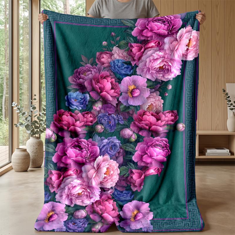 Vibrant Peony Floral Design Theme blanket Lightweight Warm Flannel Blanket Decorative Throw Blanket for Home Decoration