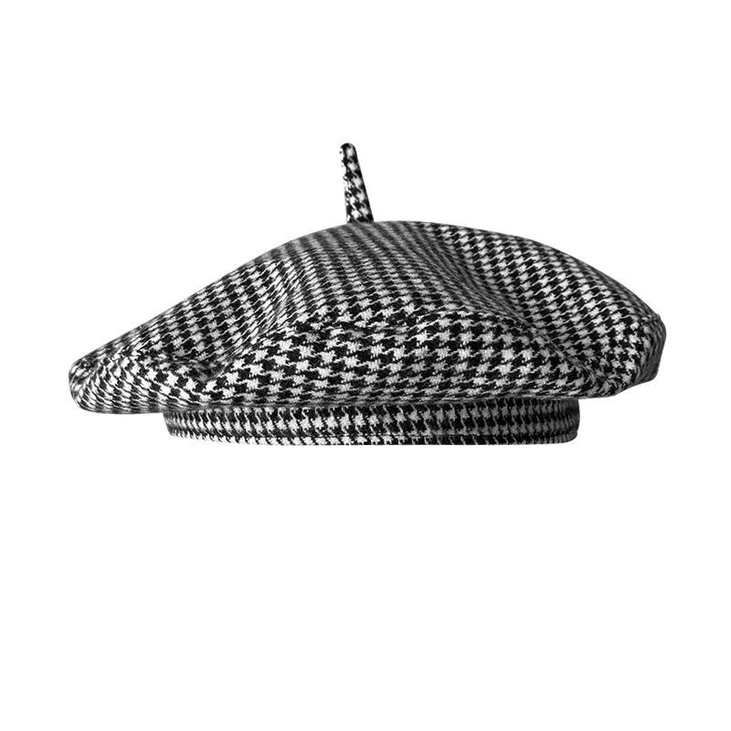 Women's Wool Blend Beret Hat Asian & British Style Vintage Check Pattern Versatile Painter Cap (UFO Hat Design)