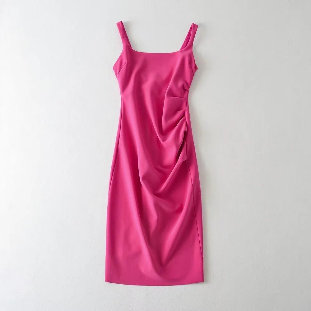 2025 Side Pleated Vest Dress, European And American Style Women'S New Solid Color Tight Strap Dress