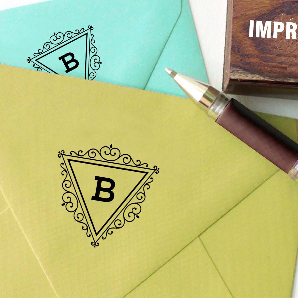 Printtoo Inverted Triangle Swirl Border Letter B Monogram Wood Mounted Rubber Stamp