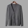 Men's V-Neck Pure Wool Cardigan, Plus Size, Middle-Aged & Elderly, Loose Fit, Solid Color, Casual Knit Outerwear for Autumn & Winter.
