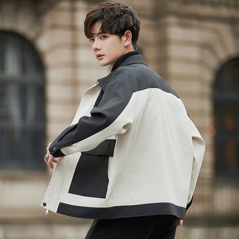 Tooling Jacket Jacket Spring and Autumn Casual Lapel Contrasting Colors Trendy Thin Men's Clothes High Sense