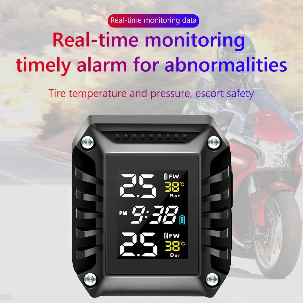 Wireless Motorcycle TPMS 2 External Sensors Motorbike Tire Pressure Monitoring Tyre Temperature Alarm System with Time Display