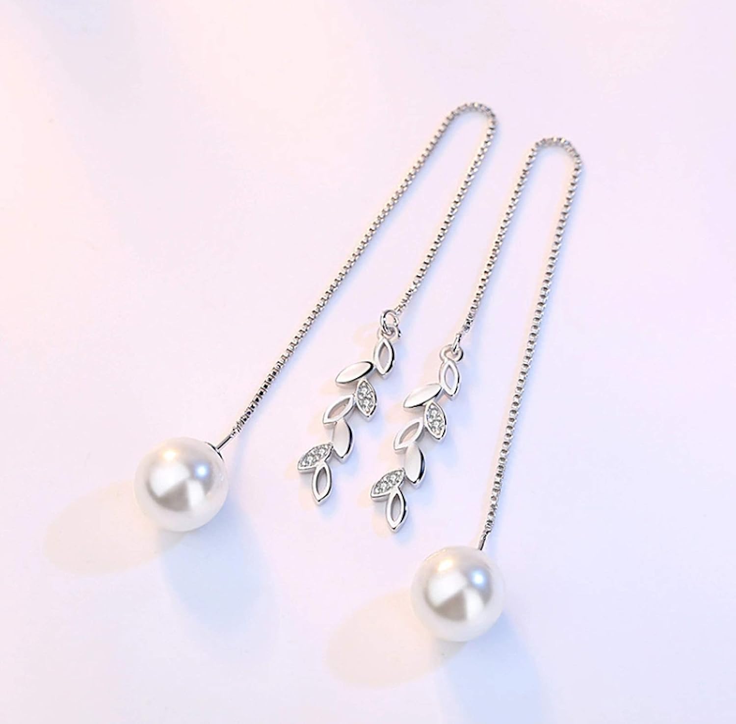 Серьги падения жемчуга серебряного цвета цепи листа имитированные длинные для женщин — фото 3