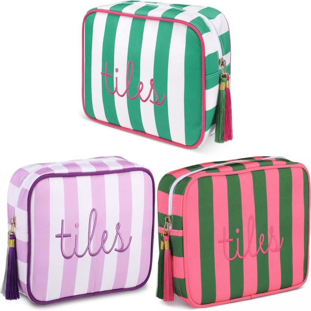 Polyester Striped Makeup Bag With Tassels For Daily Use And Travel Storage