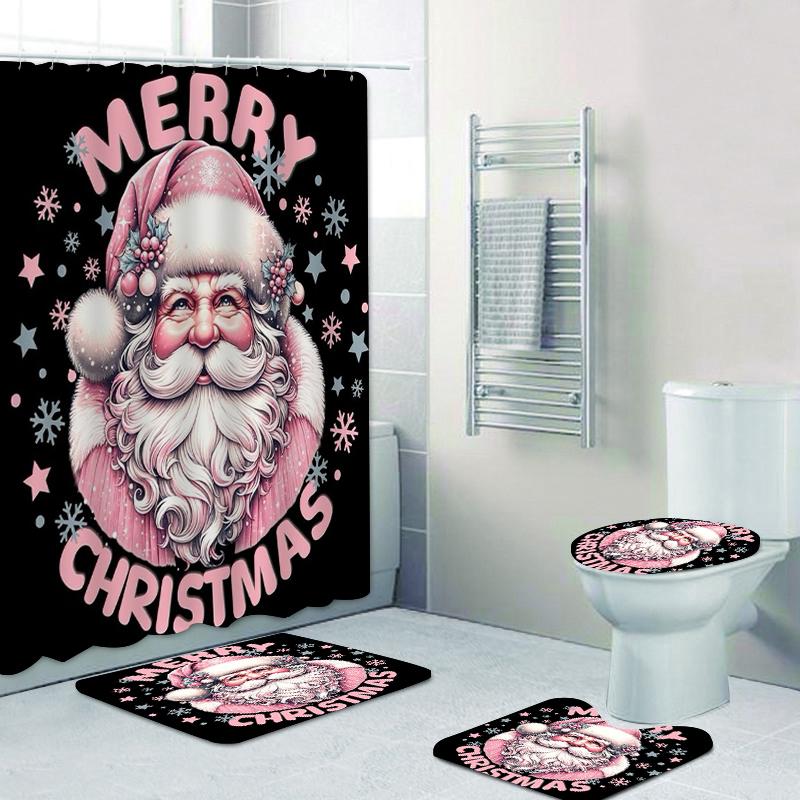 Merry Christmas Santa Claus Shower Curtain Bath Sets Non-Slip Bathroom Rug Toilet U With 12 Hooks bathroom decor and accessories