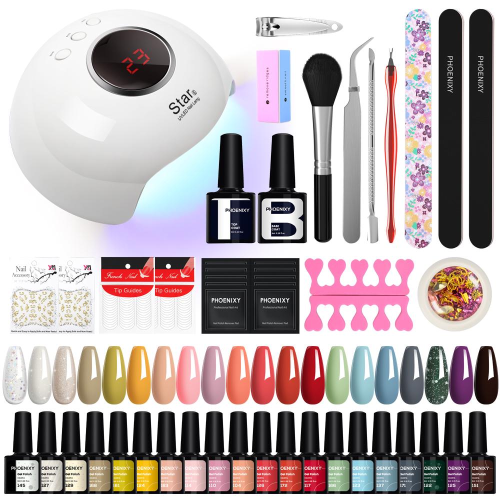 PHOENIXY Gel Nail Polish Set with 36W Nail Lamp 20pcs Nail Polish Gel Top Base Coat Manicure Art Set As Gift for Women Gril