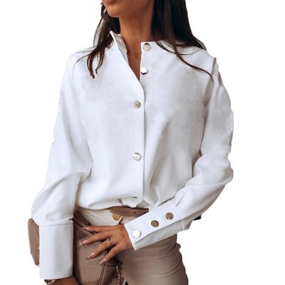 Office Lady Solid Color Stand Collar Long Sleeve Blouse Buttons Down Cuff Shirt
