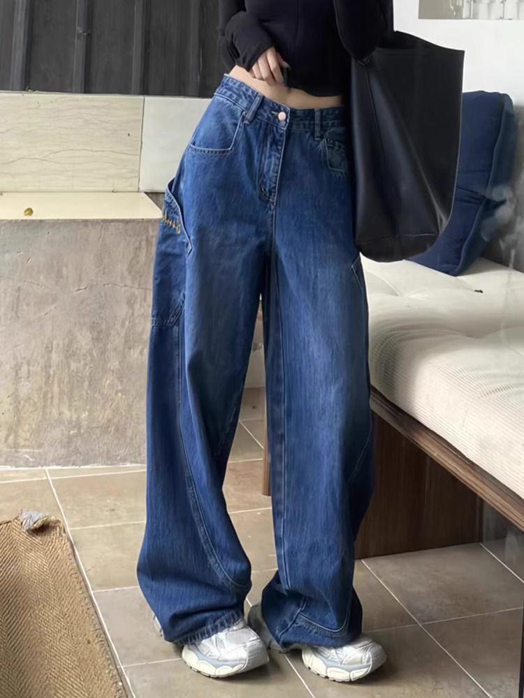 2024 Korean Style High-Waisted Retro Wide-Leg Dark Blue Jeans Small