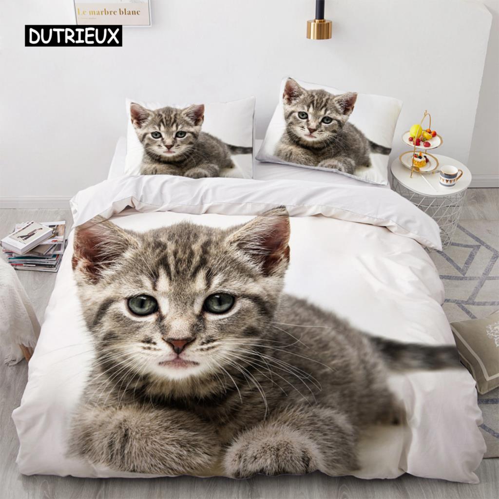 Uroczy 3D Zwierzę Kot Pościel Biały Poszwa na Kołdrę Motyw Domowy dla Dzieci Dziewcząt Kobiet Mężczyzn Prezenty Sypialnia Dekoracja Domu