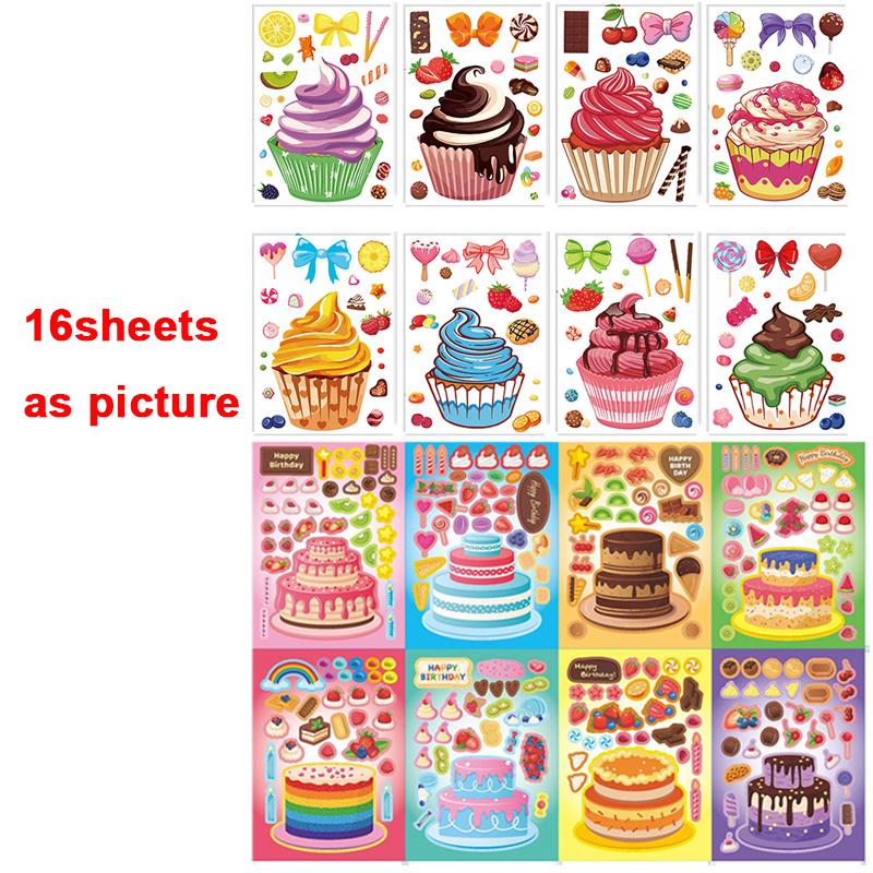 Make-a-Cake Sticker Sheets DIY Make Your Own Birthday Cake Puzzle Stickers for Kids Boys Girls Party Favor Games Toys Gifts