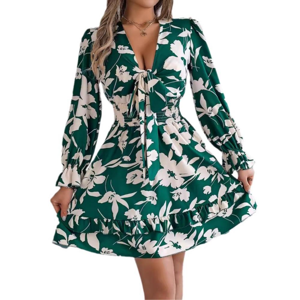 Women's Casual Floral Long Sleeve Wooden Earring A-line Dress Sexy Women's Floral Dresses