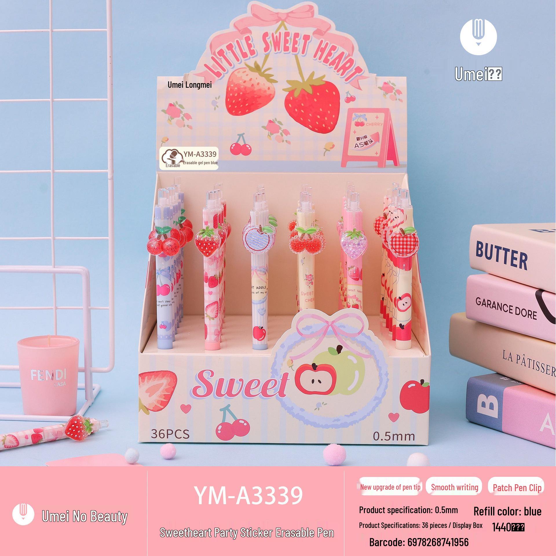 Youmei Sweetheart Party Crystal Sticker Erasable Smooth Blue Pen 36 pens per box