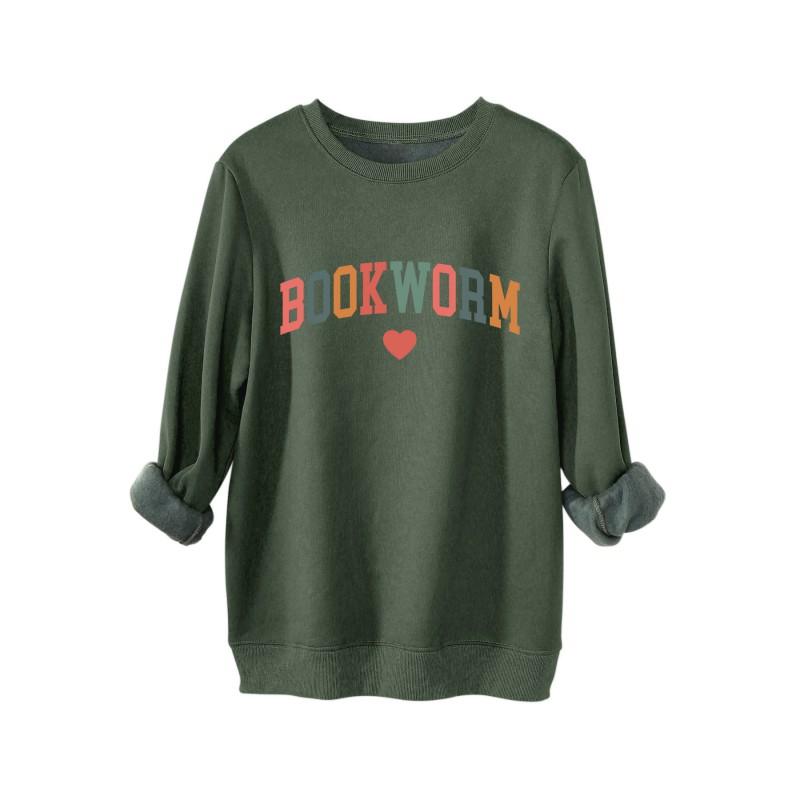 Womens Thick Fleece-Lined Casual Oversized Hoodie Sweatshirt - Solid Color Long Sleeve Round Neck Streetwear Style