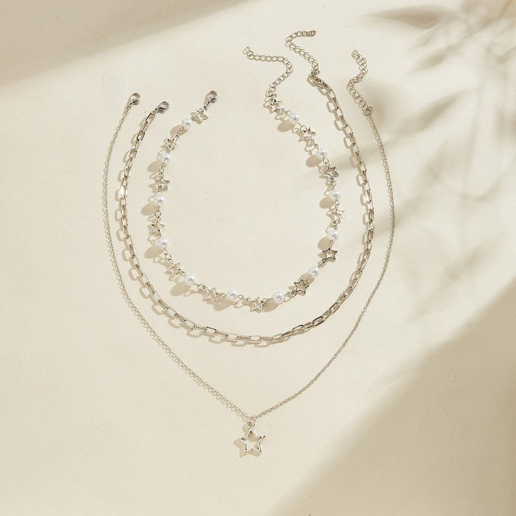 Ευρωπαϊκά και Αμερικανικά Κοσμήματα, Απλό Σετ με Κρόσσια Πεντάκτιου Αστεριού, Γυναικείο Κολιέ, Ρετρό Κολιέ με Αστέρι και Στρογγυλές Χάντρες.