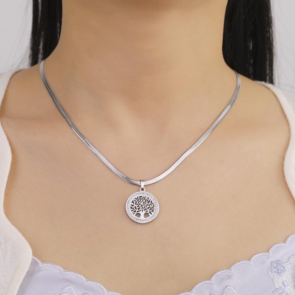 Lemegeton Zircon Tree of Life Necklace for Men Women Stainless Steel Jewelry Round Charm Lucky Accessories Party Family Gifts